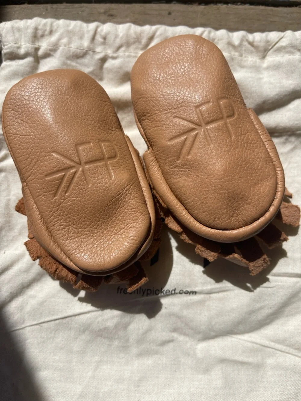 Freshly Picked Tan Leather Moccasin Booties with Fringe Infant